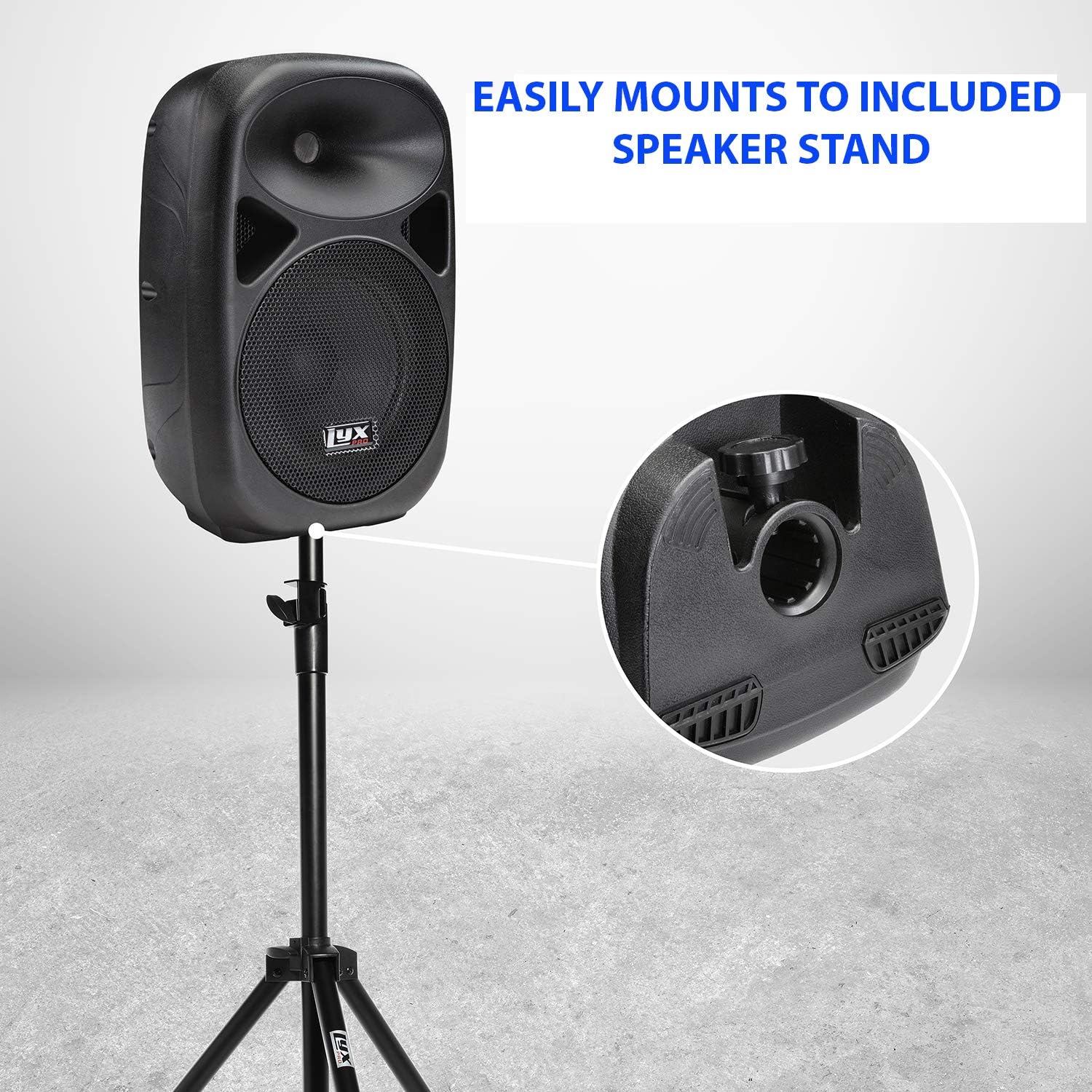 LyxPro SPA15 15 Portable PA Speaker System With Metal Tripod Stand Combo Kit Power Active Power Amplifier Equalizer Bluetooth SD Slot USB MP3 XLR 1/4 1/8 3.5mm Inputs Remote Control Carry Handles