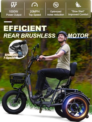 Breeze Folding Electric Tricycle for Adults, 1000W 48V 15AH, 18''×4'' Fat Tire Electric Trike, 20MPH 80Miles E-trike, 3 Wheel Electric Bike, Reverse & Parking, 450lbs Load (with Upgraded Parts)