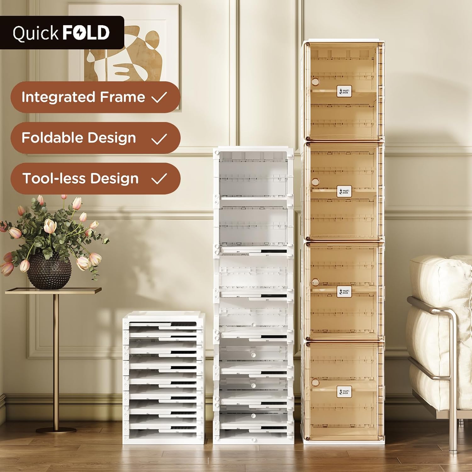 Shoe Organizer Storage Box, Portable Folding Shoe Rack for Closet with Magnetic Clear Door,Large Sneaker Cabinet Bins Sturdy Easy Assembly 10 Layers-20 Grids (Brown 8 Layers)