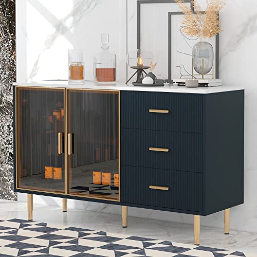 Sideboard Storage Cabinet, Modern 60'' Sideboard Large Storage Buffet Cabinet, Console Table Buffet Cabinet with Gold Metal Legs and Tempered Glass Doors for Living Room Kitchen Entryway (White)
