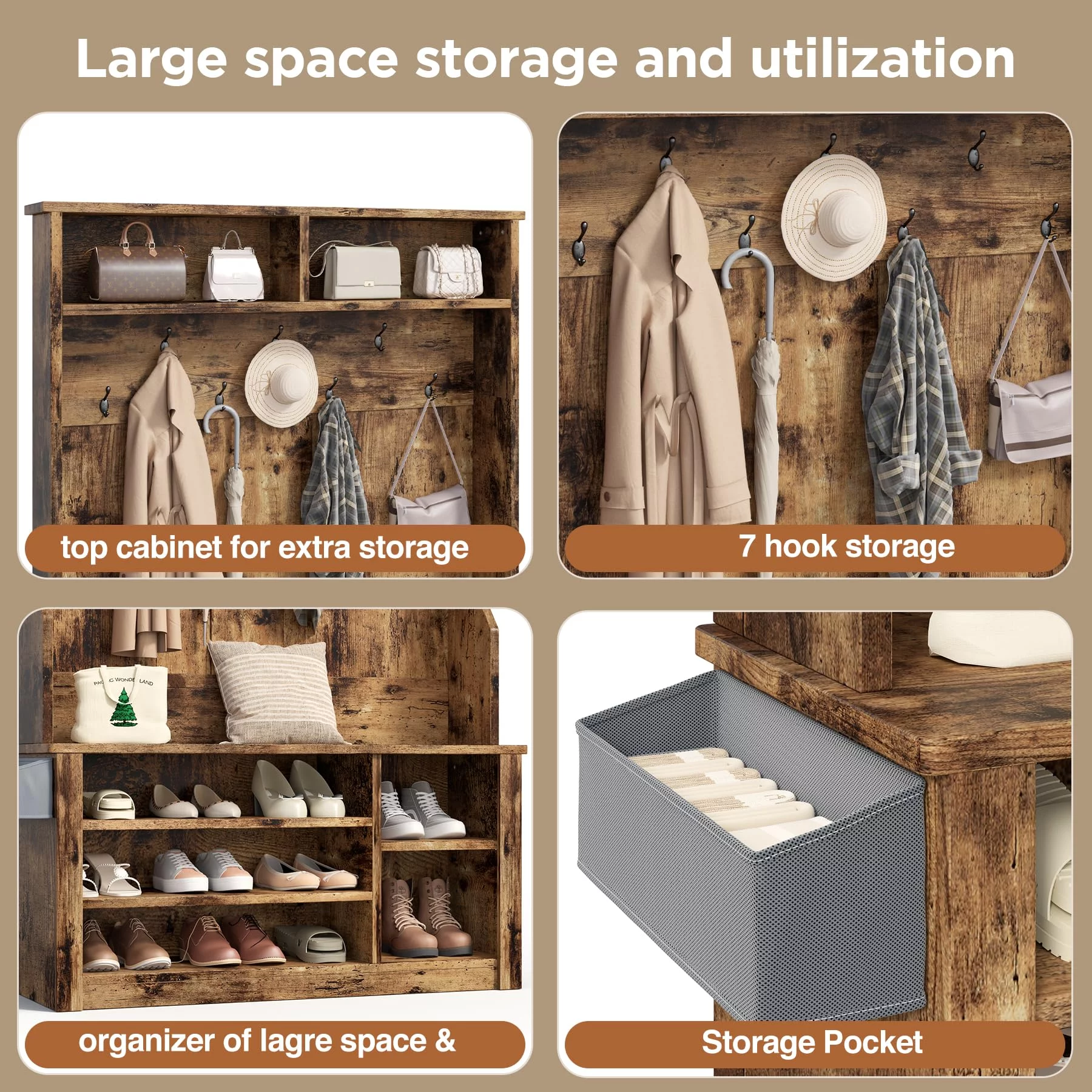 Lofka 5-in-1 Hall Tree with Bench and Shoe Storage, Entryway Hall Tree with Coat Rack, Adjustable Shoe Storage, 2-tier top storage, Rustic Brown