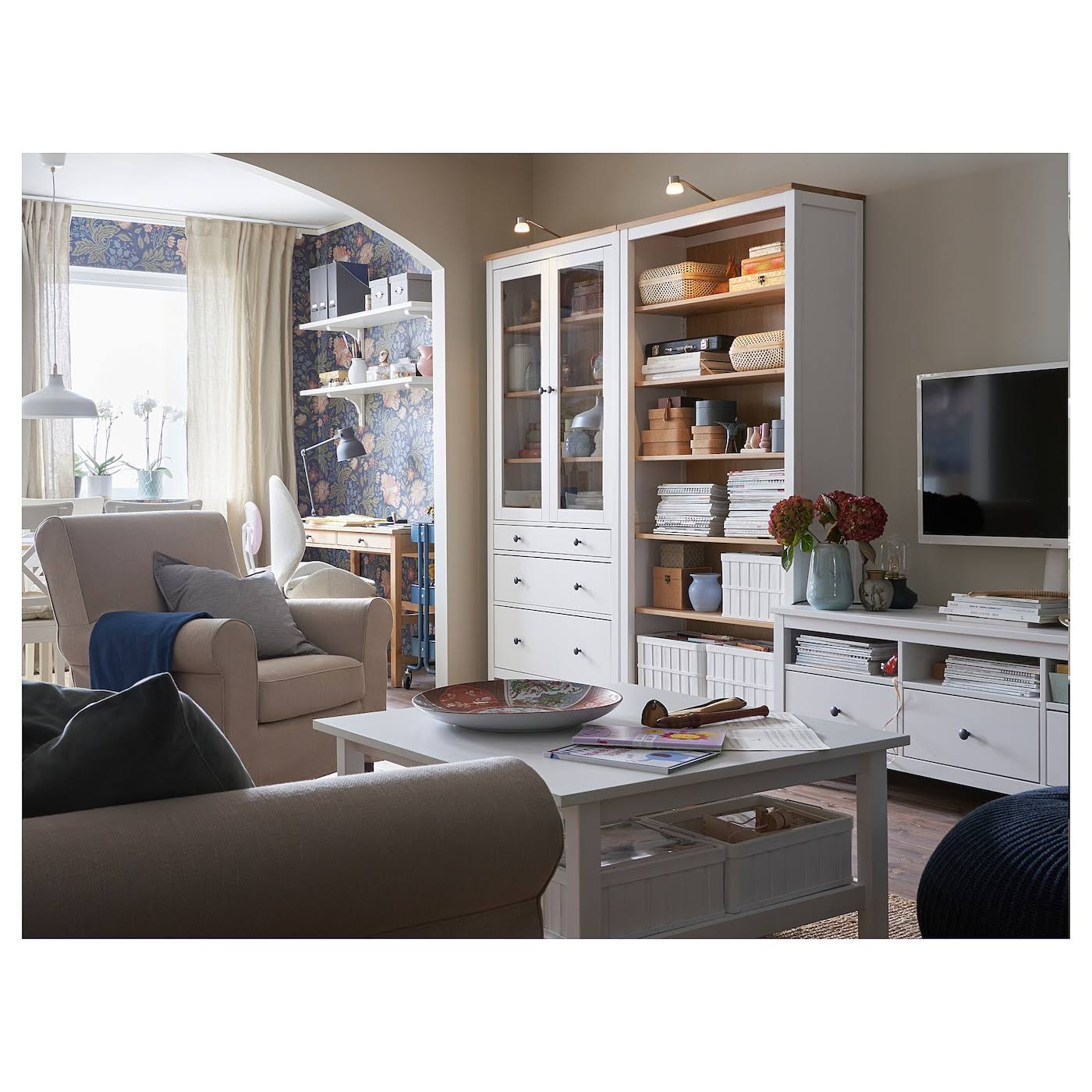 IKEA - HEMNES Glass-Door Cabinet with 3 Drawers, White Stain/Light Brown, 35 3/8x77 1/2