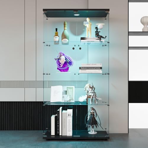 DADEA Glass Display Cabinet, 4 Shelves Glass Cabinet Display Case with Light and Lock, Curio Cabinets Upgraded Quick-Install Style Floor Standing Bookshelf for Bedroom, Living Room (Black)