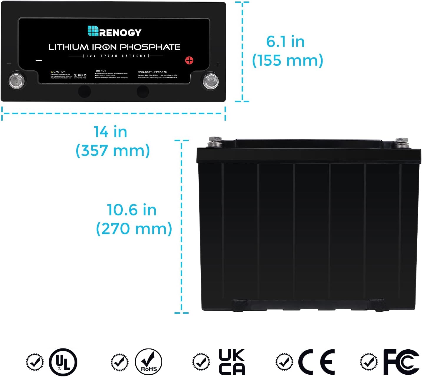 Renogy Lifepo4 Lithium-Iron Phosphate Battery 12 Volt 170AH Built-In BMS LFP Deep Cycle Battery for RV, Solar, Marine, and Off-Grid Applications