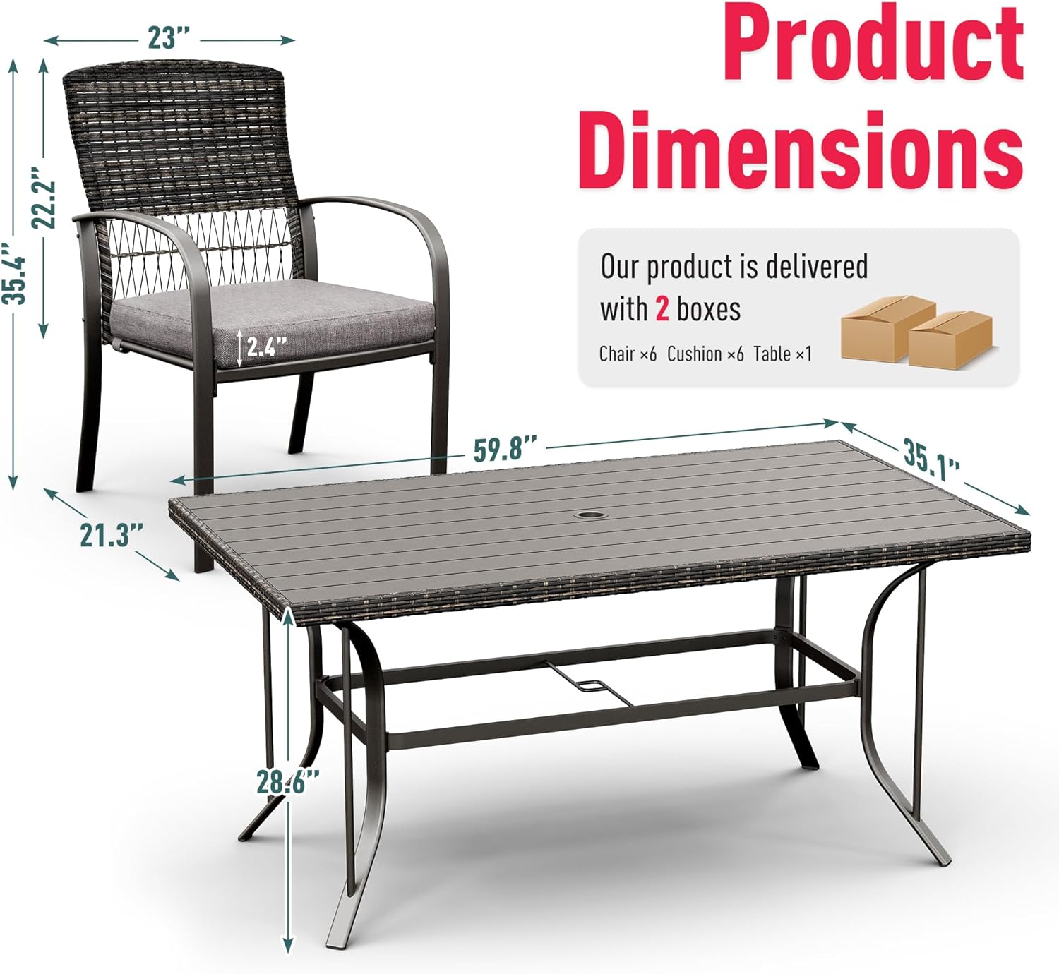 Pamapic Patio Table and Chairs Set, All-Weather Rattan Outdoor Table and Chairs with Removable Waterproof Cushions, Plastic-Wood Patio Dining Set for 6 with Umbrella Hole(Gray)
