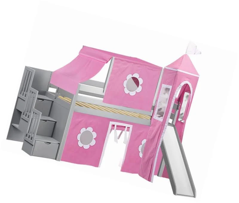 Jackpot Princess Low Loft Stairway Bed with Slide Pink u0026 White Tent and Tower, Loft Bed, Twin, Gray