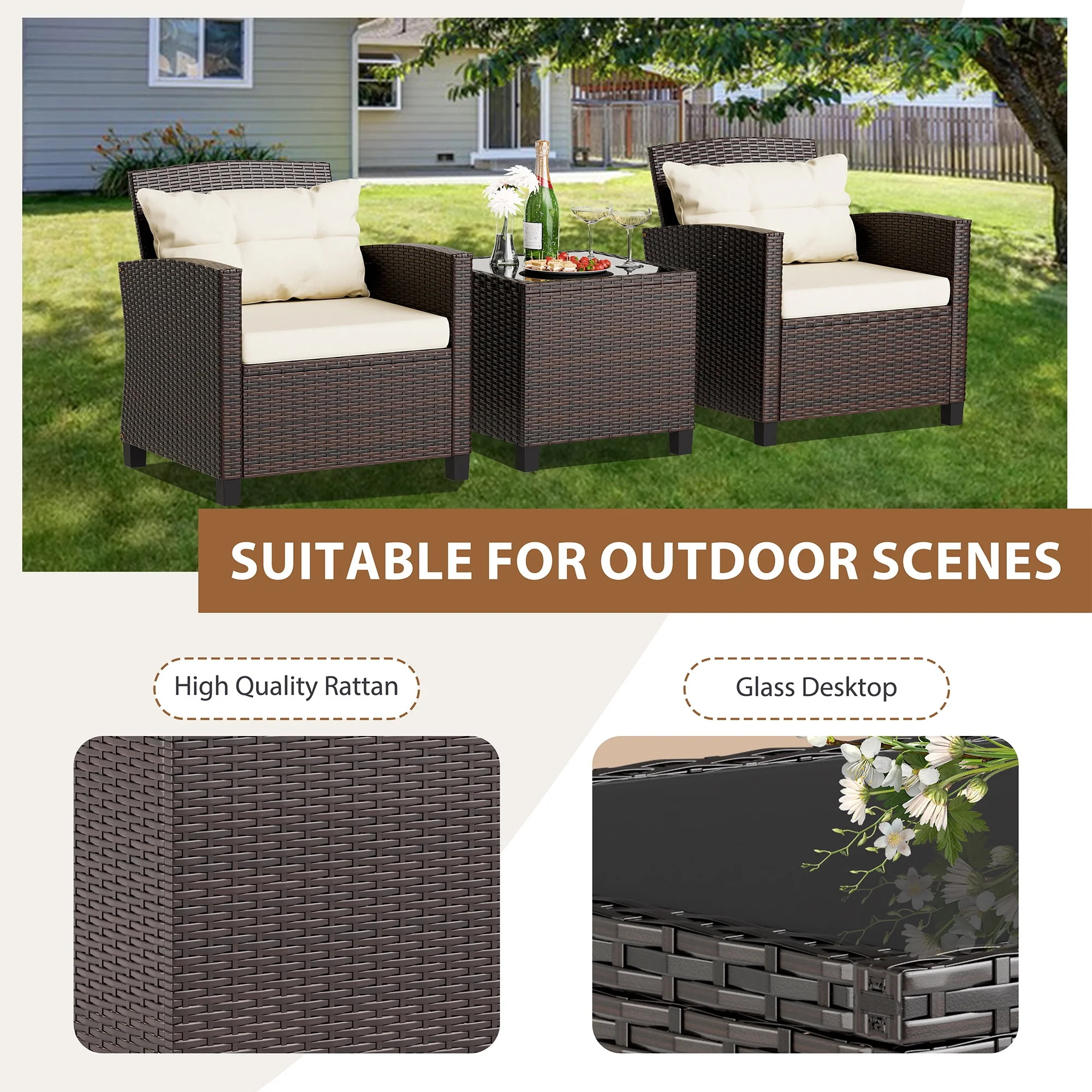 Walsunny 3 Pieces Patio Furniture Set Outdoor Wicker Conversation Bistro Set Outdoor Patio Chairs with Tempered Glass Table Beige