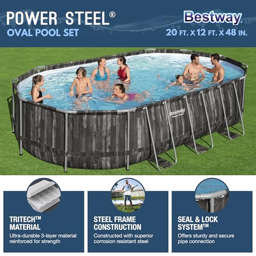 Bestway Power Steel 16' x 10' x 42" Rectangular Metal Frame Above Ground Swimming Pool Set with 1000 GPH Filter Pump, Ladder, and Pool Cover