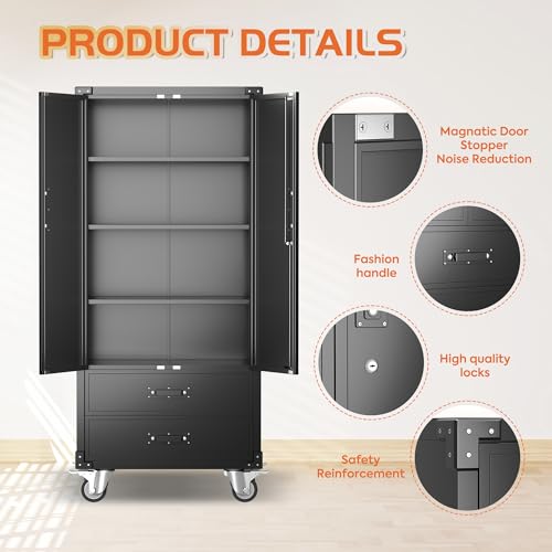 73" H Metal Storage Cabinet with Wheels, Garage Storage Cabinet with 4 Adjustable Shelves and Lockable Doors for Garage Home Office Utility Room,Required Assembly,Black