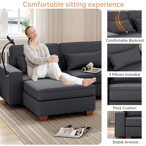 Modular Sectional Sofa, Convertible U Shaped Sofa Couch with Central Console & USB Ports, 7 Seat Modular Sectionals Couch with Chaise and Storage for Living Room, Light Grey
