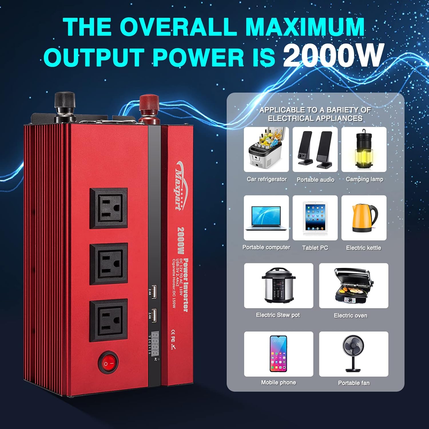2000W Power Inverter 12v DC to 110v AC Converter with 3 AC Outlets, 2000 Watts Car Inverters for Vehicles Truck with 2 USB Charging Port (0-2.4A) and Car Cigarette Lighter,Solar Setup Inverter