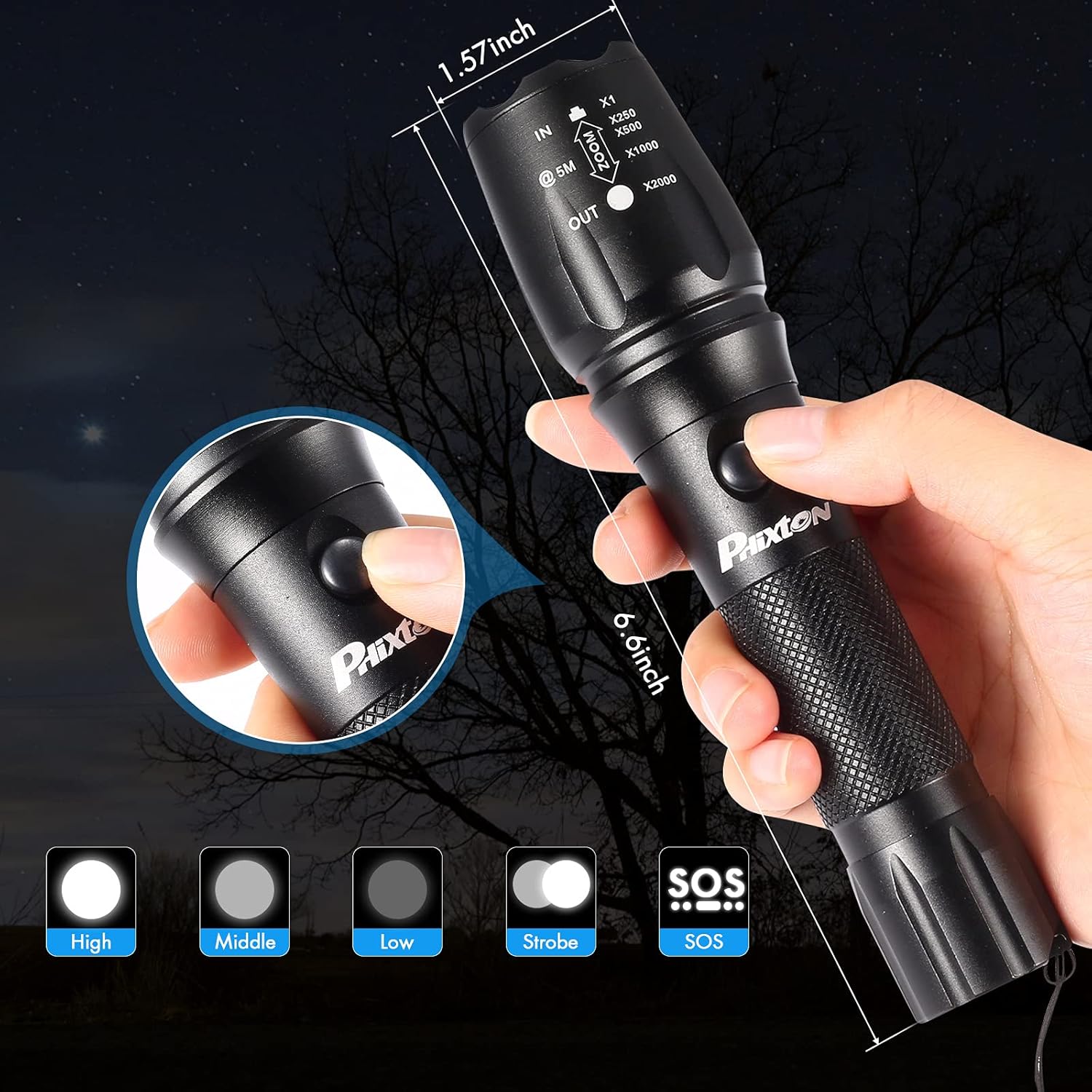 PHIXTON Rechargeable High Lumens Tactical Handheld Flashlight, Super Bright 5000 lumen XM L2 LED Tac Flash Light Linterna, Long Lasting,Zoomable,Waterproof,Shockproof,For emergency Camping Accessories
