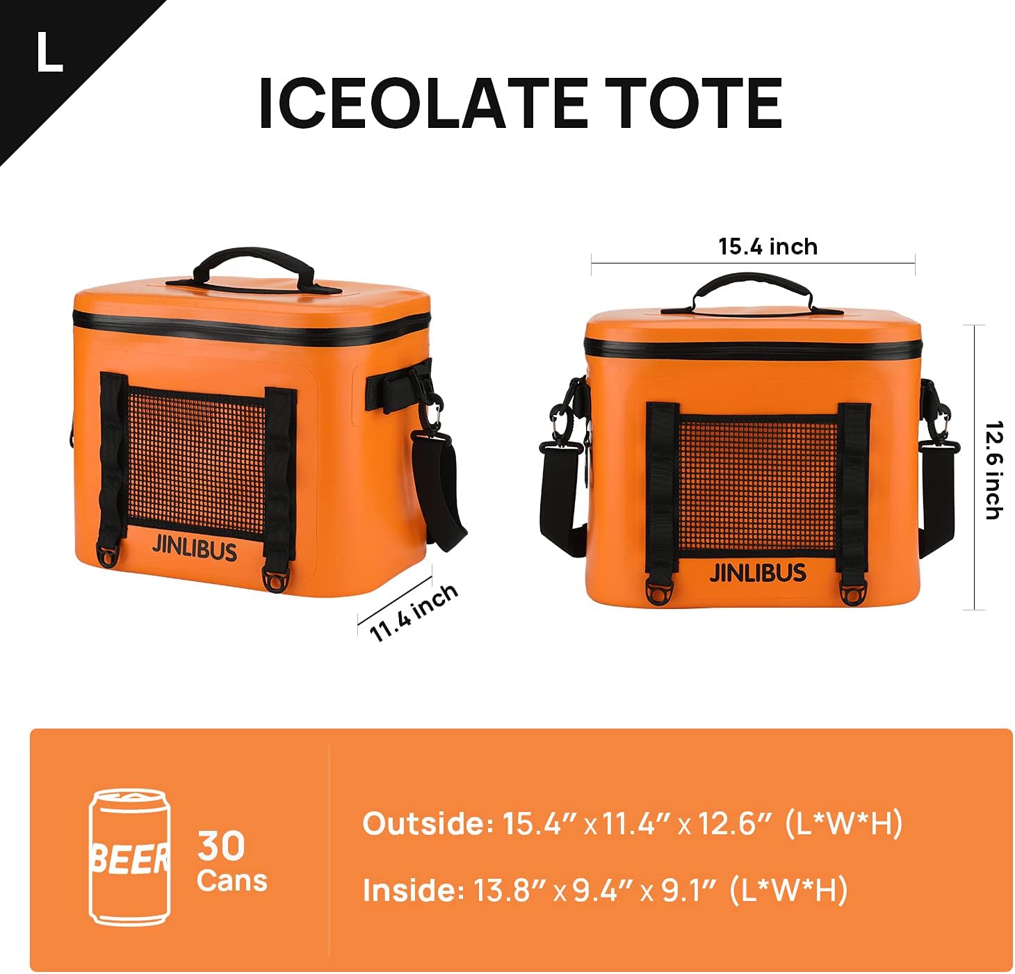Soft Cooler Leak Proof Cooler Bag Portable Softsided Insulated Bag Waterproof Cooler for Camping, Fishing, Beach 30 Can Orange