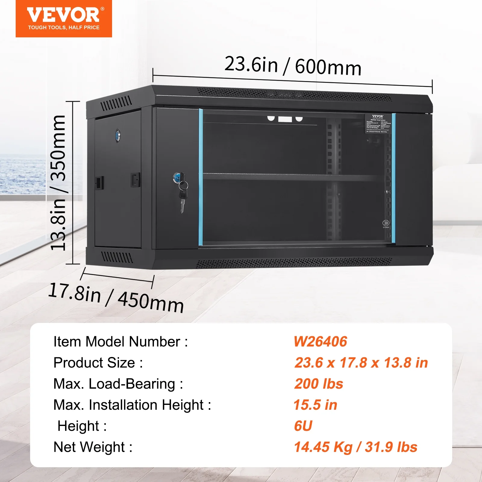 BENTISM 6U 13.8'' Wall Mount Network Server 15.5'' Deep Rack Cabinet Enclosure Door Lock,2 x Shelves