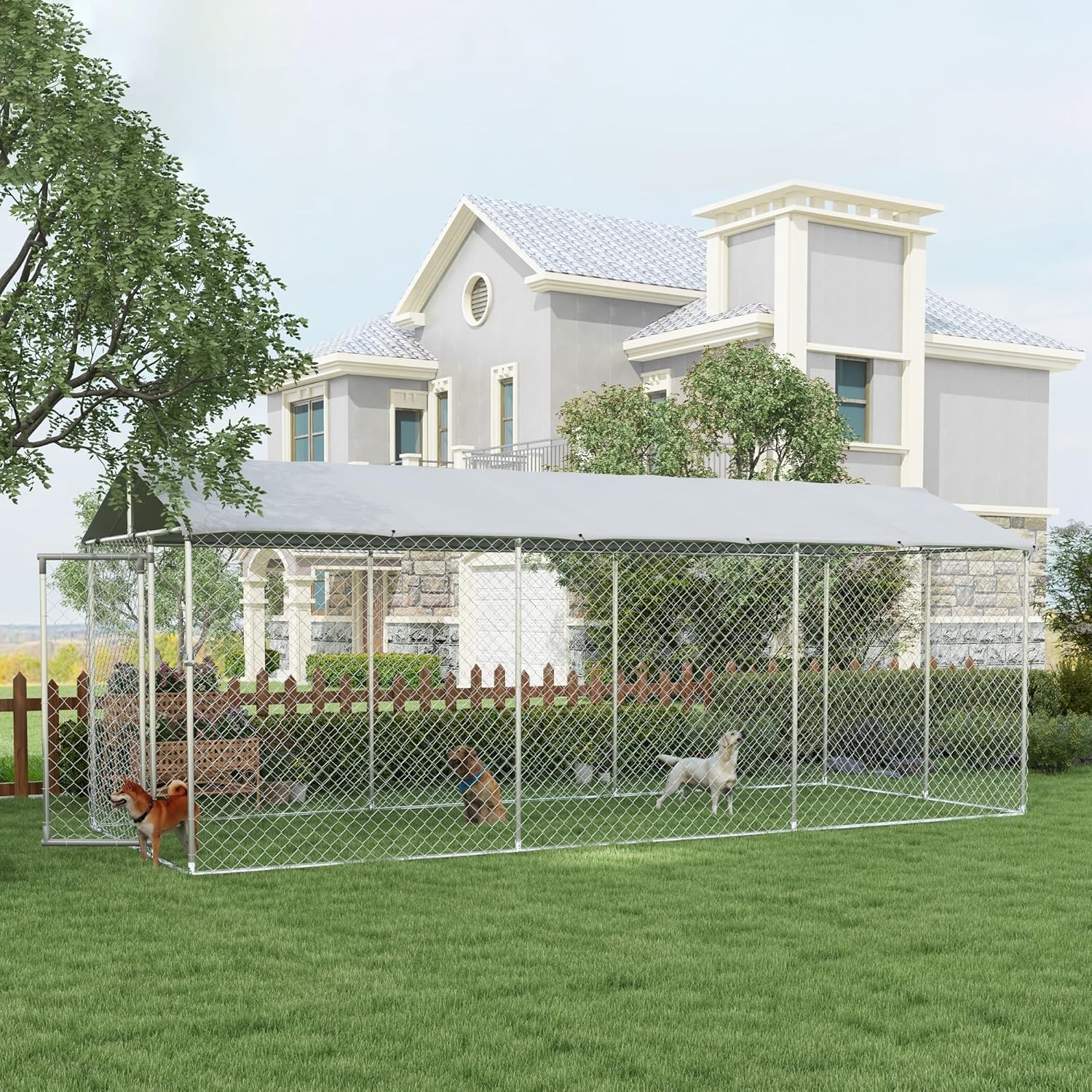 PawHut Large Dog Kennel Outside, Heavy Duty Dog Cage with Waterproof Cover, Outdoor Fence Dog Run with Galvanized Chain Link, Secure Lock, 19.7' x 7.5' x 7.5'
