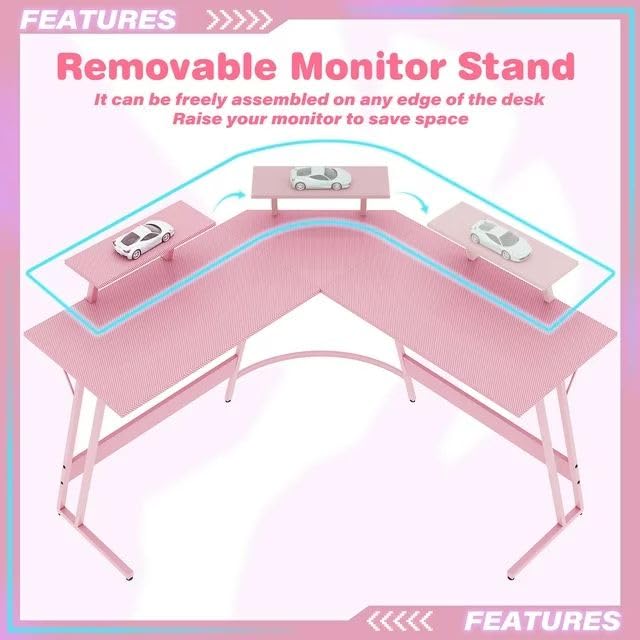 L Shaped Gaming Desk, 47 Inch Computer Corner Table with Large Monitor Stand & Carbon Fiber Surface for Home Office Study Writing Workstation, Pink