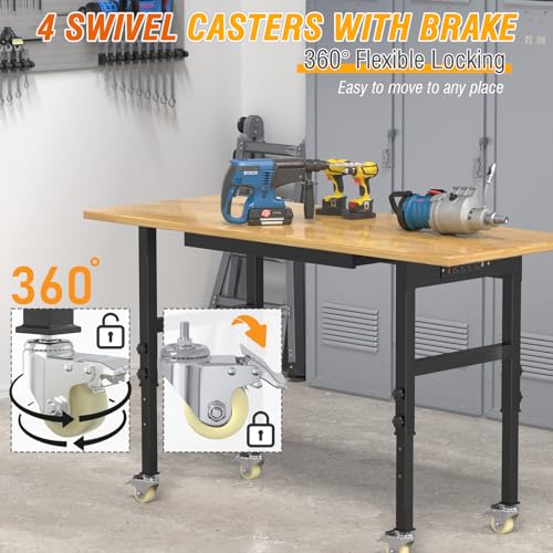 Workbench, 60" Adjustable Height Work Table with Power Outlet, Drawer and Wheels, 2000 LBS Load Capacity Hardwood Work Bench for Garage, Workshop, Home, Office (60" X 24")