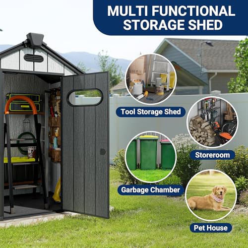 6x6 FT Outdoor Resin Storage Shed, Plastic Shed w/Air Vents & Window for All Weather Resistant, with Floor & Lockable Door, Waterproof for Bike, Garbage Cans, Tools