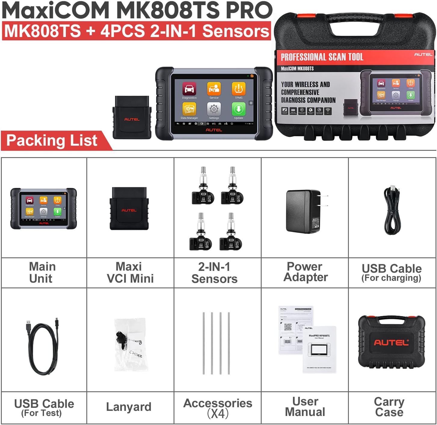Autel MaxiCOM MK808TS Pro Diagnostic Scan Tool, 2022 Newest Combination of MK808TS + 4PCS Autel MX-Sensor (Value $128), Upgraded of MK808BT/ MX808/ MK808/ TS608/ MX808TS, Complete TPMS, 28+ Service