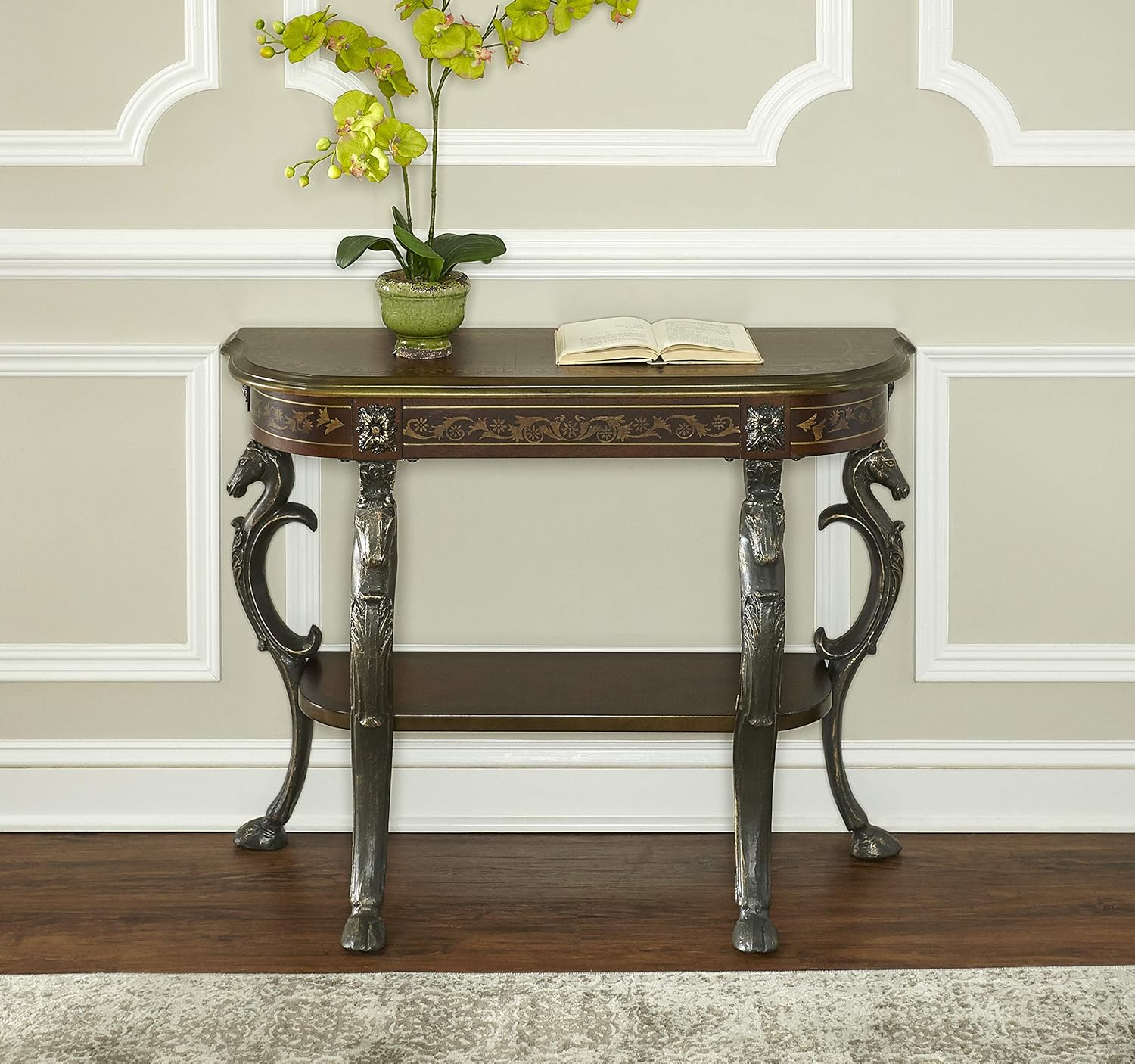 Powell Masterpiece Floral Demilune Console Table with Horse Head and Hoofed-Foot Cast Legs and Display Shelf