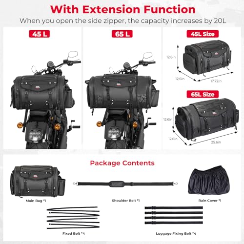 KEMIMOTO Motorcycle Travel Luggage Bags, 60L Expandable Large Capacity Motorcycle Tail Bag, Waterproof Rear Rack Trunk, Motor Pannier Bag with Rain Cover and Straps