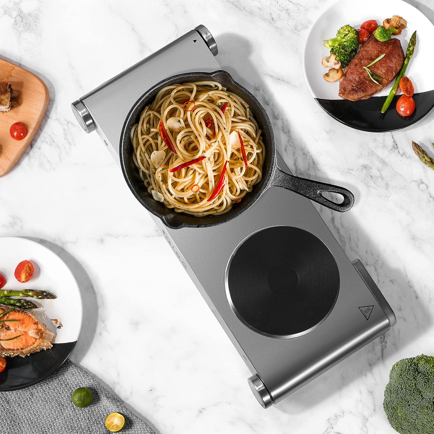 DIDO 1800W Hot Plate, Portable Electric Stove Countertop Cast-Iron Double Burner with Adjustable Temperature& Anti-Slip Feet, Stainless Steel Cooktop for Home/Camp/RV, Compatible for All Cookwares