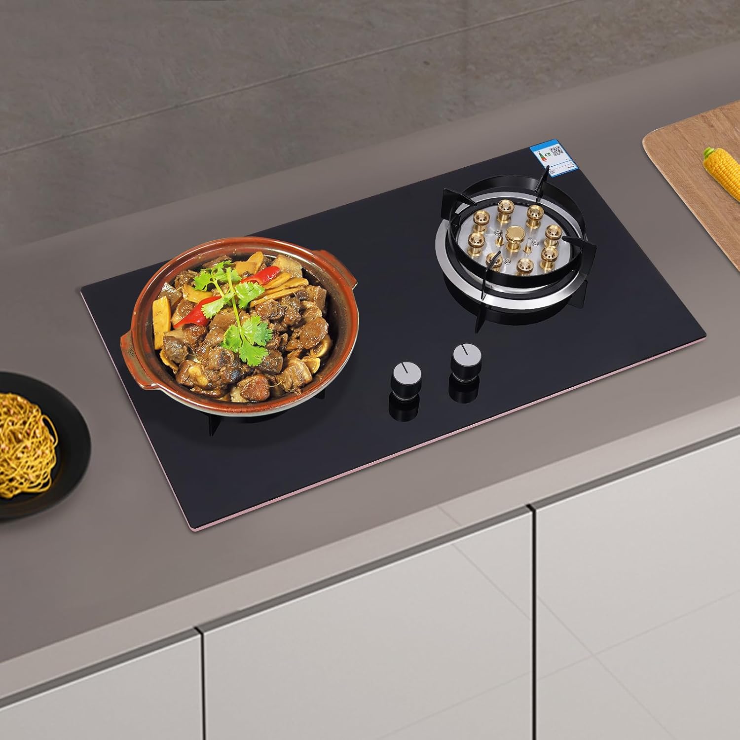 Gas Cook Top 2 Burners Gas Stove Built-In Kitchen Gas Cook Top Stove LPG/NG Stove 5.2KW Black Knob Control Built-In Glass Cook Top for Kitchen,RV