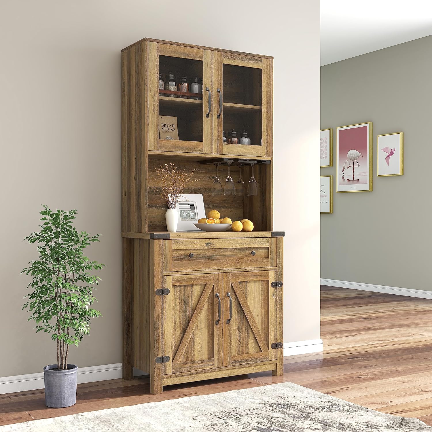 Farmhouse Bar Cabinet,Wooden Tall Wine Rack Kitchen Hutch Storage Cabinet Buffet Sideboard Cabinet Double Barn Door Accent Bar Cabinet with Goblet Holder for Home Kitchen,Dining Room