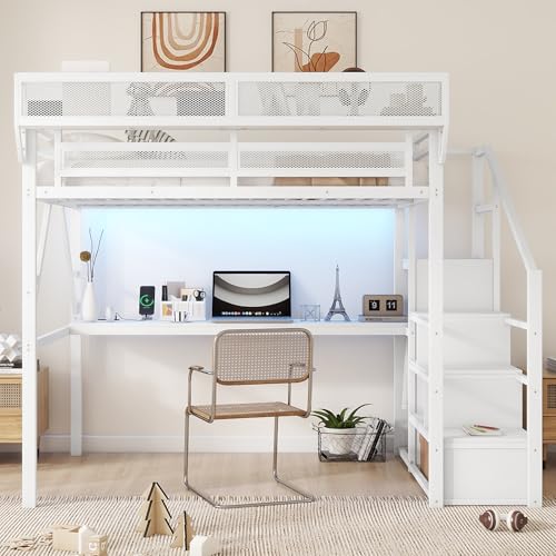 Full Size Loft Bed with Stairs and Storage, Metal Loft Bed Frame with Bedside Shelf and Large Under-Bed Space, Heavy-Duty Bed for Adults Teens and Kids, Black