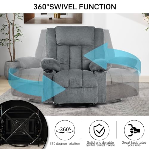 Recliner Chair Massage Fabric Recliners with Heated, 360 Degree Swivel Single Sofa with Cup Holders and Side Pockets Rocking Chair for Living Room