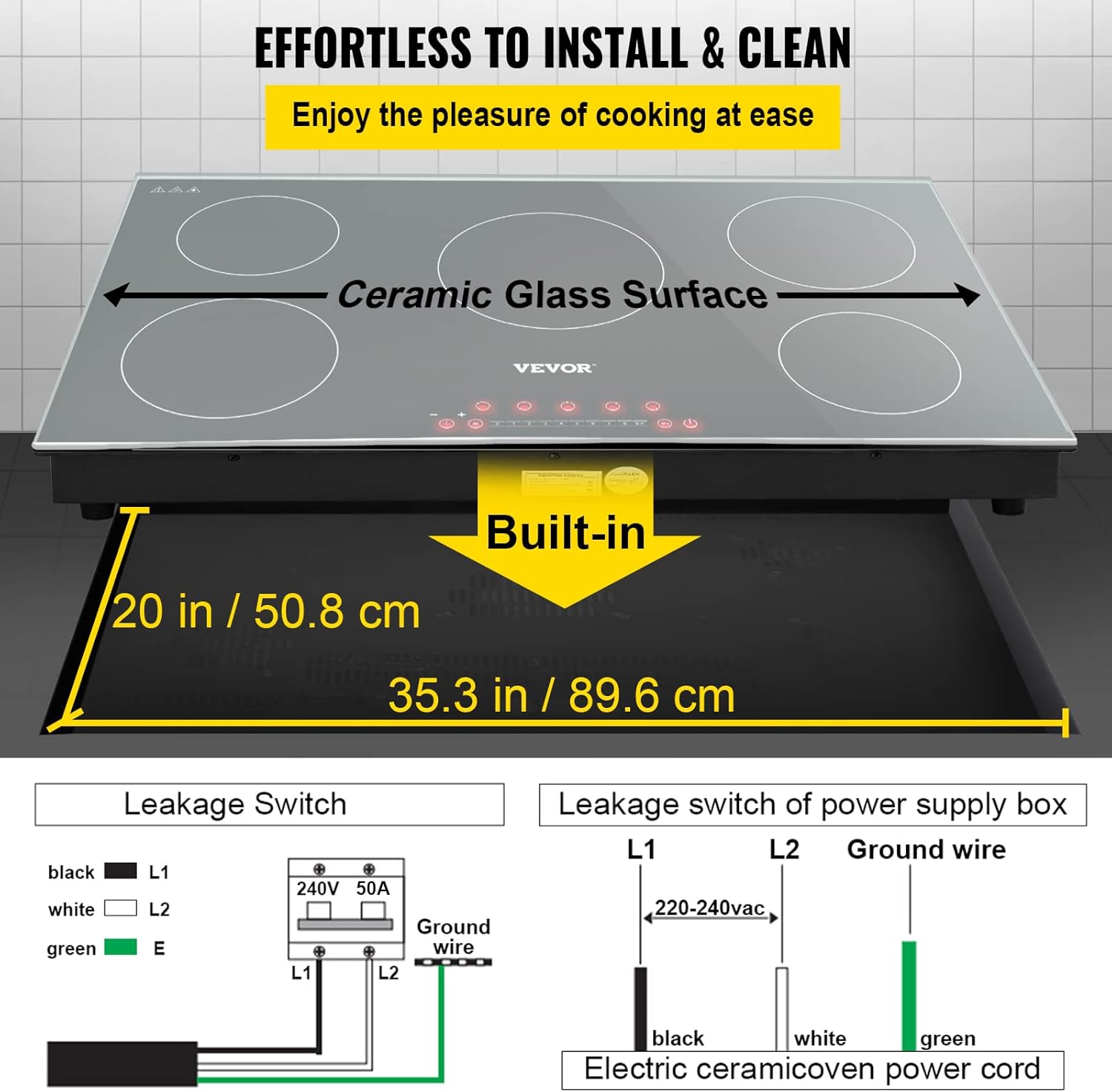VEVOR Built-in Induction Electric Stove Top 5 Burners,35 Inch Electric Cooktop,9 Power Levels & Sensor Touch Control,Easy to Clean Ceramic Glass Surface,Child Safety Lock,240V