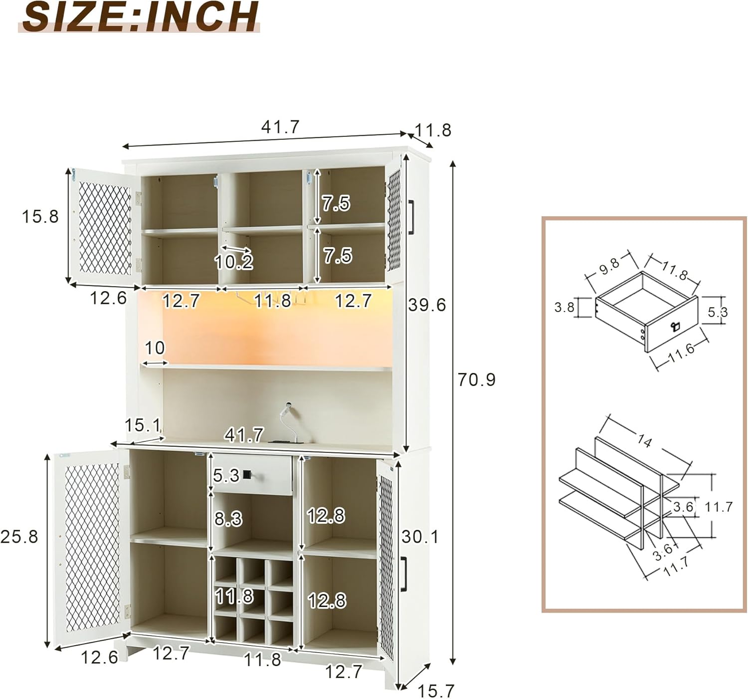 70" Storage Rustic Sideboard Buffet with LED and Outlets Food Pantry Doors and Shelves Wine Rack,Kitchen Hutch Cabinet for Dining Room, White