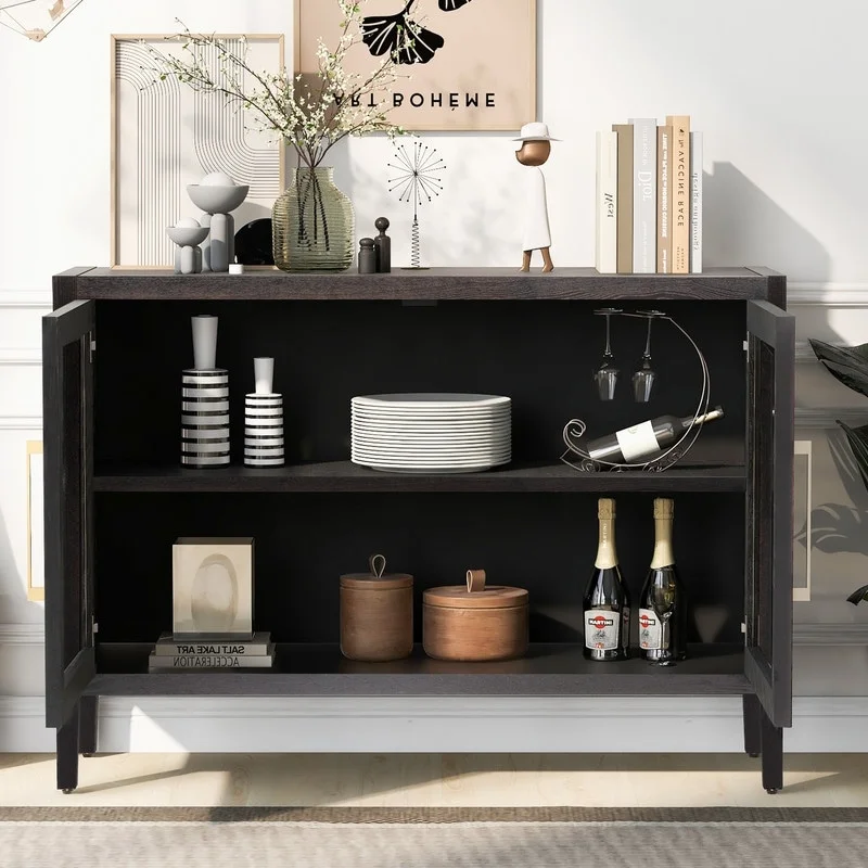 Wood Storage Sideboard Buffet Cabinet with Glass Doors and Adjustable Shelf Brown