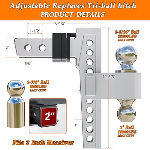 VNN Adjustable Drop Hitch, Tri-Ball(1-7/8'', 2'', 2-5/16'') Hitch, Fits 2-Inch Receiver, 8 Inch Drop Trailer Hitch, 15000 LBS GTW-Truck Trailer Hitch, Heavy Duty Solid Ball Mount, Silver, VN0004