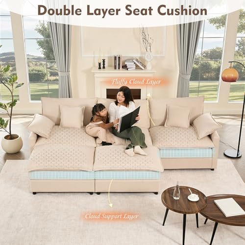 108" U Shaped Couch, Modular Sectional Sofa, 3-Seater Comfy Cloud Couch with Movable Ottoman, Deep Seat Couches for Living Room, Chenille, Black