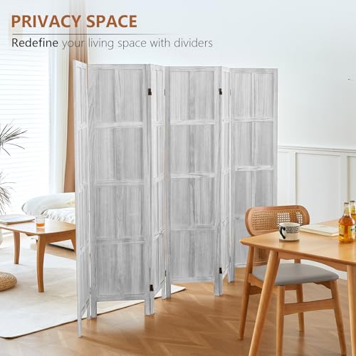 Wood Room Divider 4 Panel, 5.6 FT Tall Room Divider and Folding Privacy Screen, Partition Divider for Room Separation, Wooden Wall Divider Screen for Home Office Bedroom (Retro White)