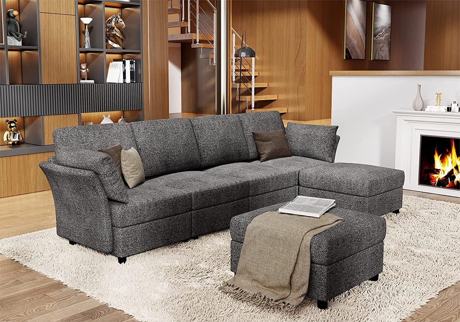 Amerlife Sectional Sofa, U-Shape Couch with Ottomans, 6 Seat Sofa Couch for Living Room, Dark Grey