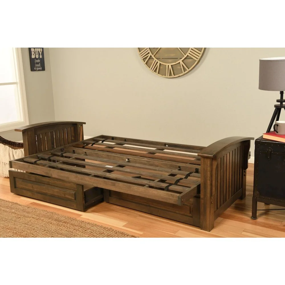 Kodiak  Washington Rustic Walnut Futon Frame with Suede Peat Mattress & Storage Drawers - Full Size