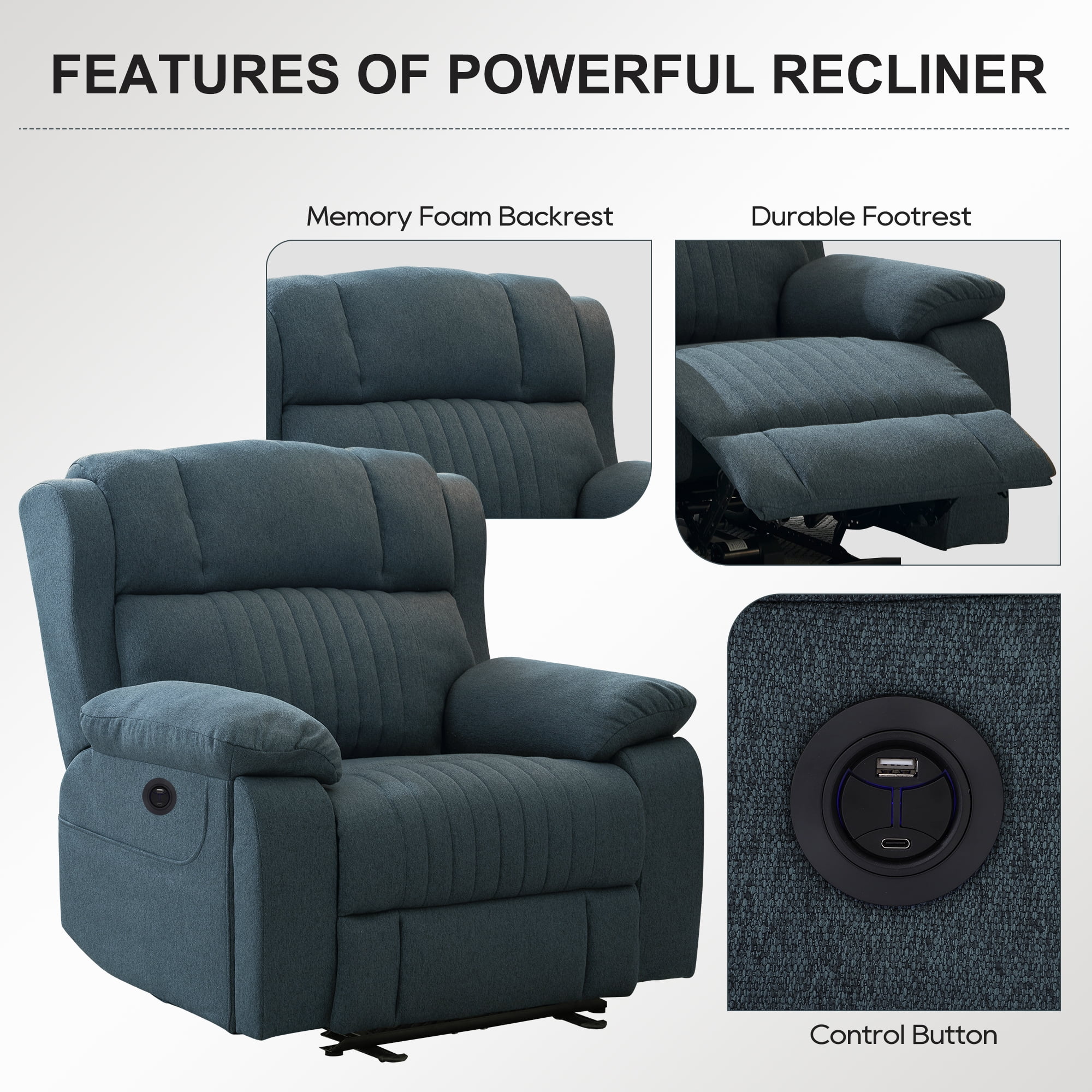 LVUYOYO Electric Power Recliner Chair, Reclining Chair with Heat and Massage, Position Recliner up to 350 Lbs,2 Cup Holders, USB Ports, 2 Side Pockets,Blue
