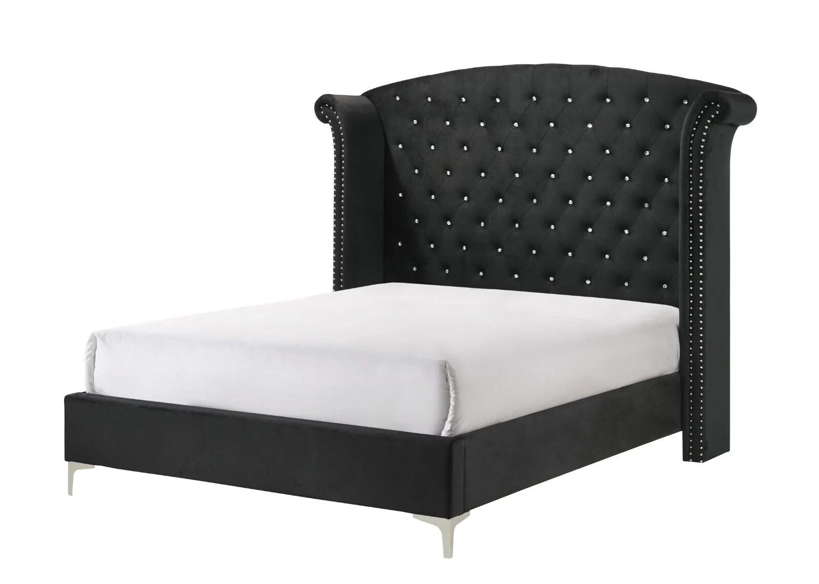 Modern Glamourous 6pc King Size Bed Dresser Mirror Nightstands Chest Bedroom Set Black Velvet Upholstery Furniture