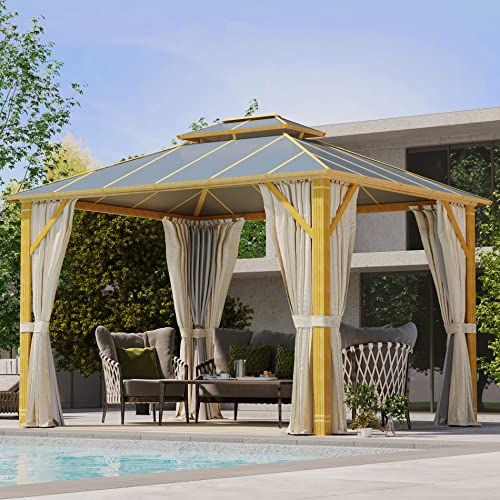 YOLENY 10' x 12' Hardtop Gazebo, Wood-Looking Gazebo with Galvanized Steel Double Roof, Aluminum Frame, Permanent Metal Pavilion with Netting and Curtains for Deck, Backyard, Patio and Lawns