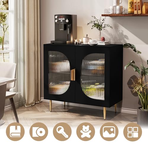 AERPOWER Sideboard Buffet Cabinet with 4 Glass Doors, Wood Accent Cabinet with Storage Shelves, Black Credenza Display Cabinet, Modern Storage Cabinet for Kitchen, Dining Room, Living Room, Hallway