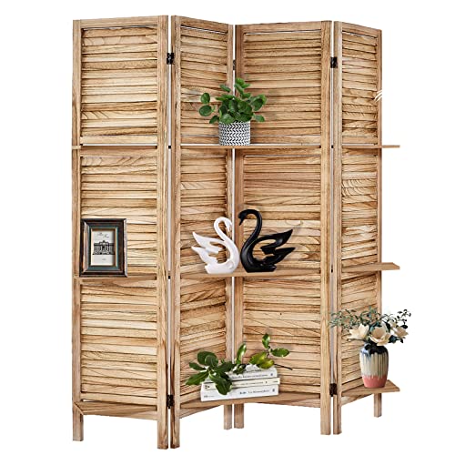 Room Divider with Shelves, Privacy Screen, Room Dividers and Folding Privacy Screens, 5 Panel Wood Temporary Wall Partition Separation Separator, Coconut