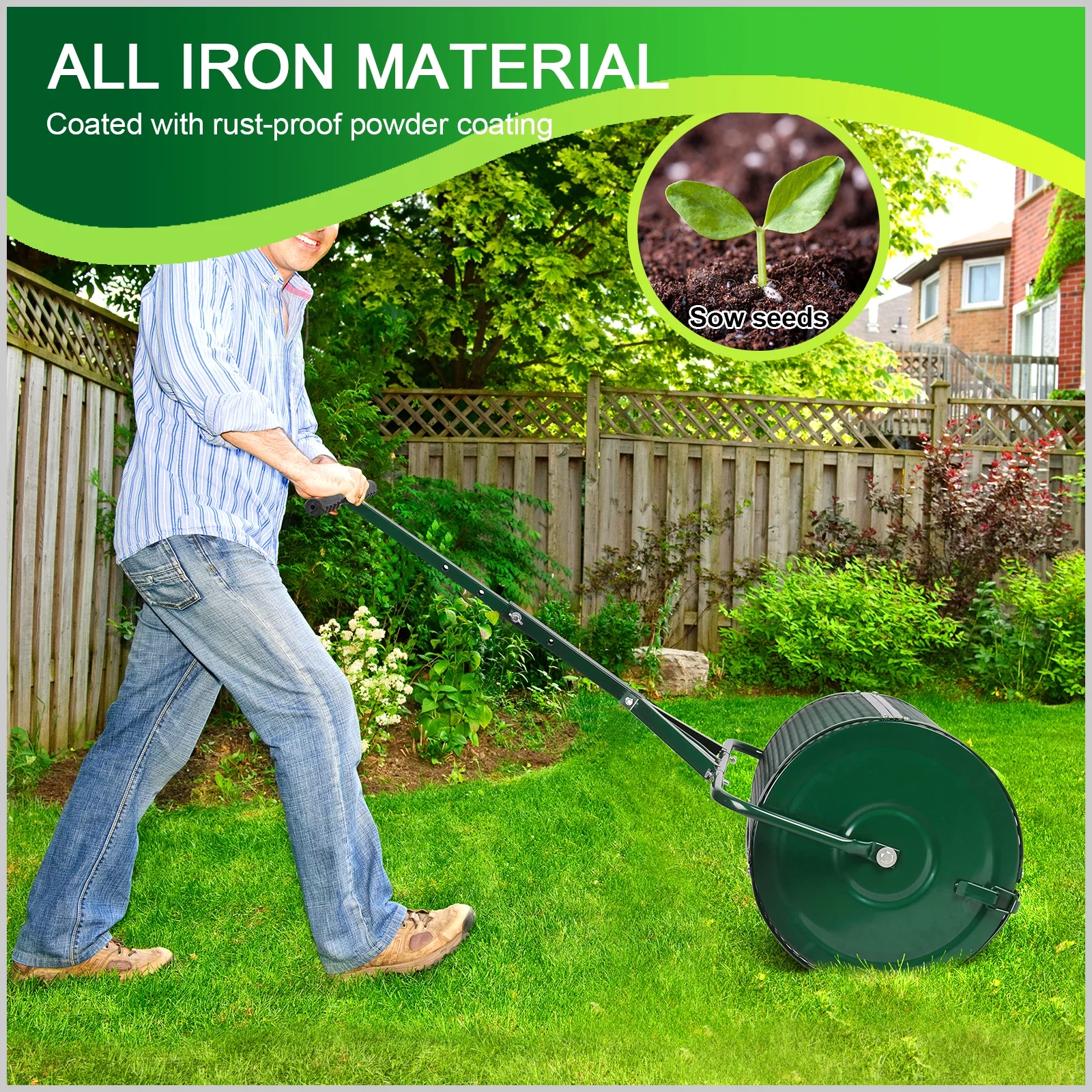 24" Compost Spreader, Aesraou Lightweight Manure Peat Moss Spreader with Upgrade T-Shaped Handle for Lawn and Garden Care Manure Spreaders Roller (Green-Small)