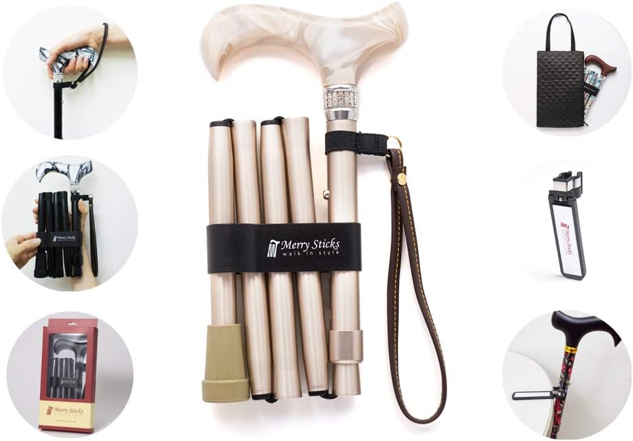 [Combo Set] Merry Sticks Designer Folding Adjustable Walking Cane. Includes a Convenient Cane Bag and a Smart Reflective Cane Holder. Walking Stick