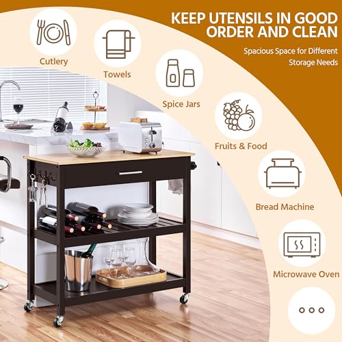 Yaheetech Kitchen Island Cart on Wheels with Bamboo Tabletop, 3-Tier Rolling Kitchen Island Microwave Cart with Drawer, Detachable Towel, 3 Hooks, 17" D x 37.5" W, White