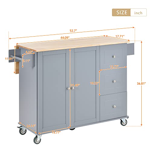 Kitchen Island on Wheels with Storage 52.7" W Rolling Kitchen Island Cart with Cabinet Drop Leaf Breakfast Bar, Solid Wood Top, 3 Drawers, Lockable Wheels, Spice Rack and Towel Rack, Black