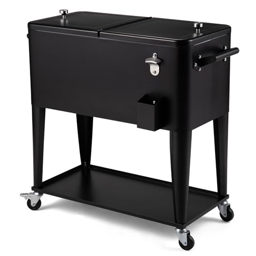 80 Quart Rolling Cooler Cart on Wheels, Portable Outdoor Patio Cooler, Ice Chest with Bottle Opener for Patio Party, Picnic, BBQ, Camping