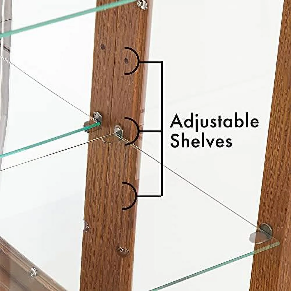 KHBIULIFE 3- Lighted Curio Glass Display Case with 2 Doors Wooden Shelving Unit Cabinet with Adjustable Shelves and Mirrored Back Panel for Living Room Office Bedroom (Oak - Bulbs not Inc