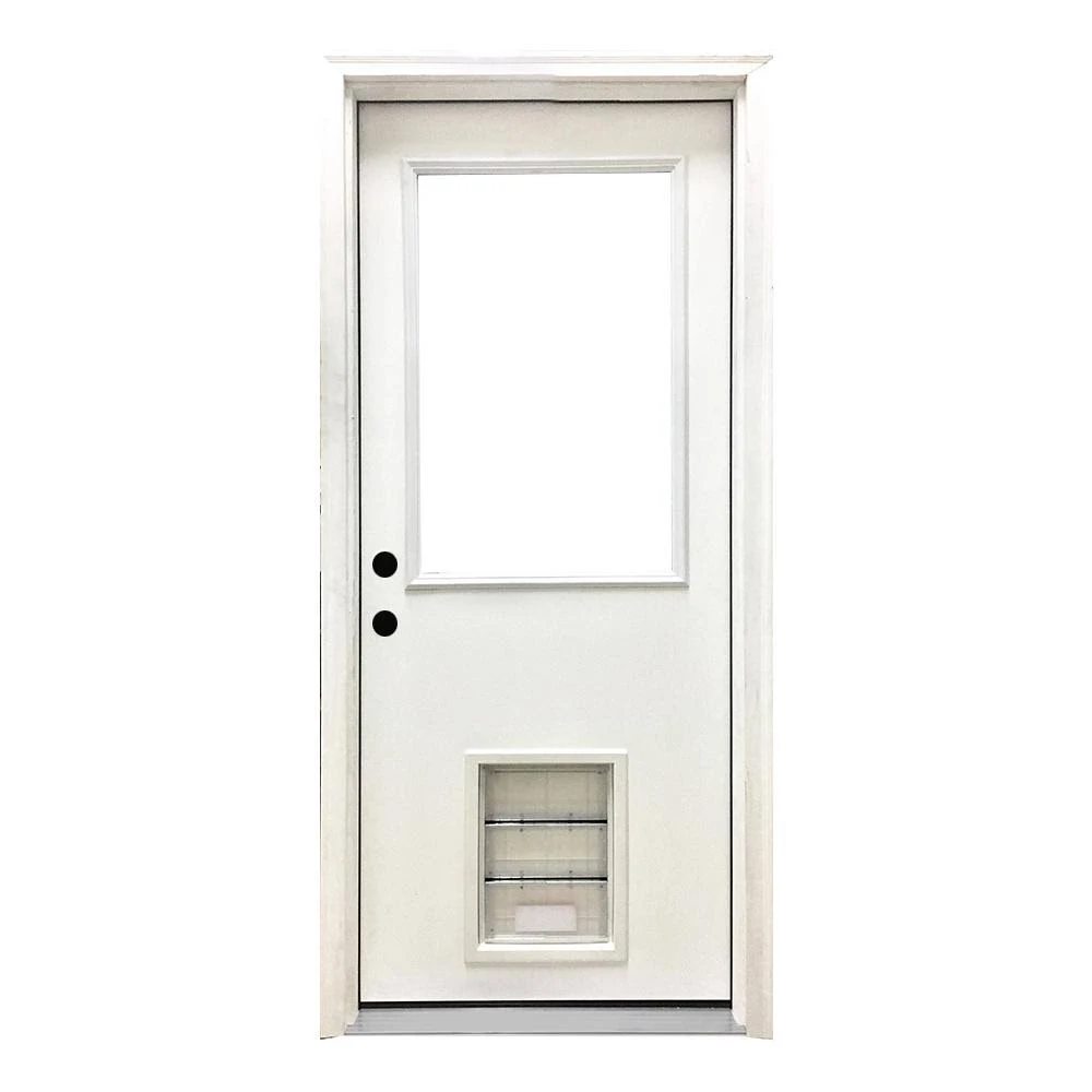 Steves u0026 Sons 36 in. x 80 in. Classic Clear Half Lite RHIS White Primed Fiberglass Prehung Back Door with XL Pet Door